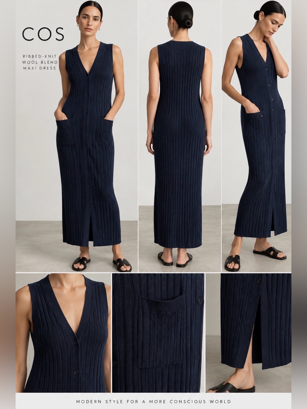 COS Navy Wool Blend Ribbed Sleeveless Button Front Maxi Dress S